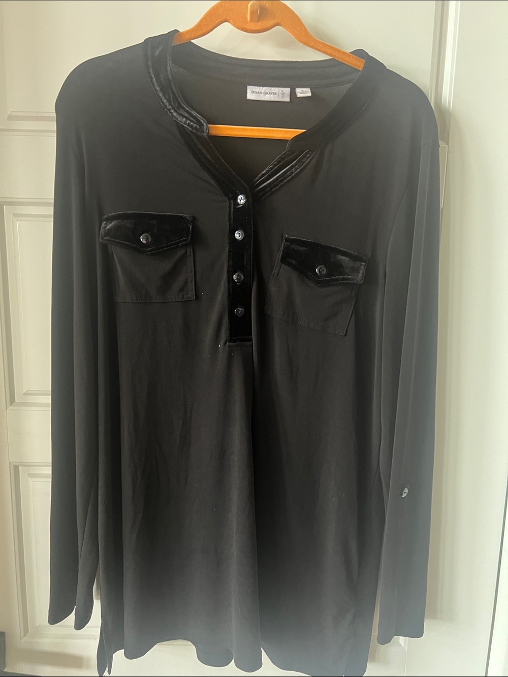 Long-Sleeve Velvet-Trim Henley Tunic